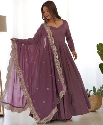 Mauve color solid roman silk blend chanderi stitched anarkali set 3