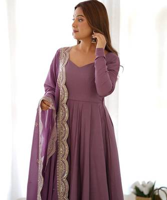 Mauve color solid roman silk blend chanderi stitched anarkali set 4