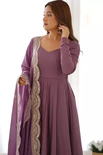 Mauve color solid roman silk blend chanderi stitched anarkali set