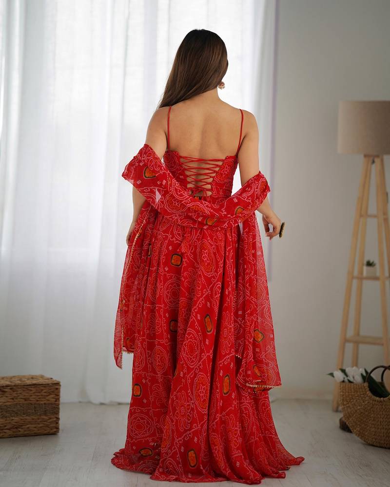 Red color bandhej printed lightweight chiffon stitched anarkali set