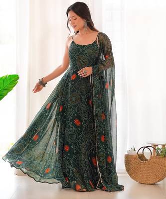Dark green color bandhej printed lightweight chiffon stitched anarkali set 1