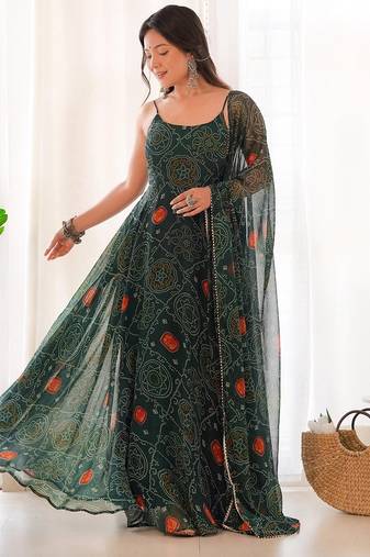 Dark green color bandhej printed lightweight chiffon stitched anarkali set