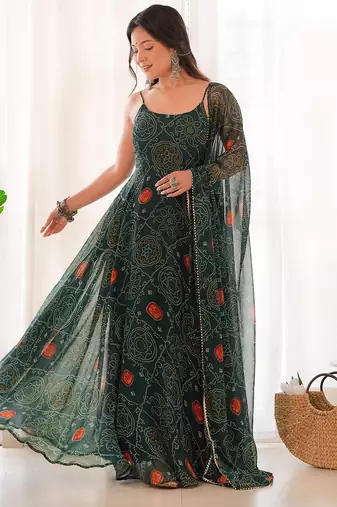Dark green color bandhej printed lightweight chiffon stitched anarkali set