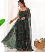 Dark green color bandhej printed lightweight chiffon stitched anarkali set