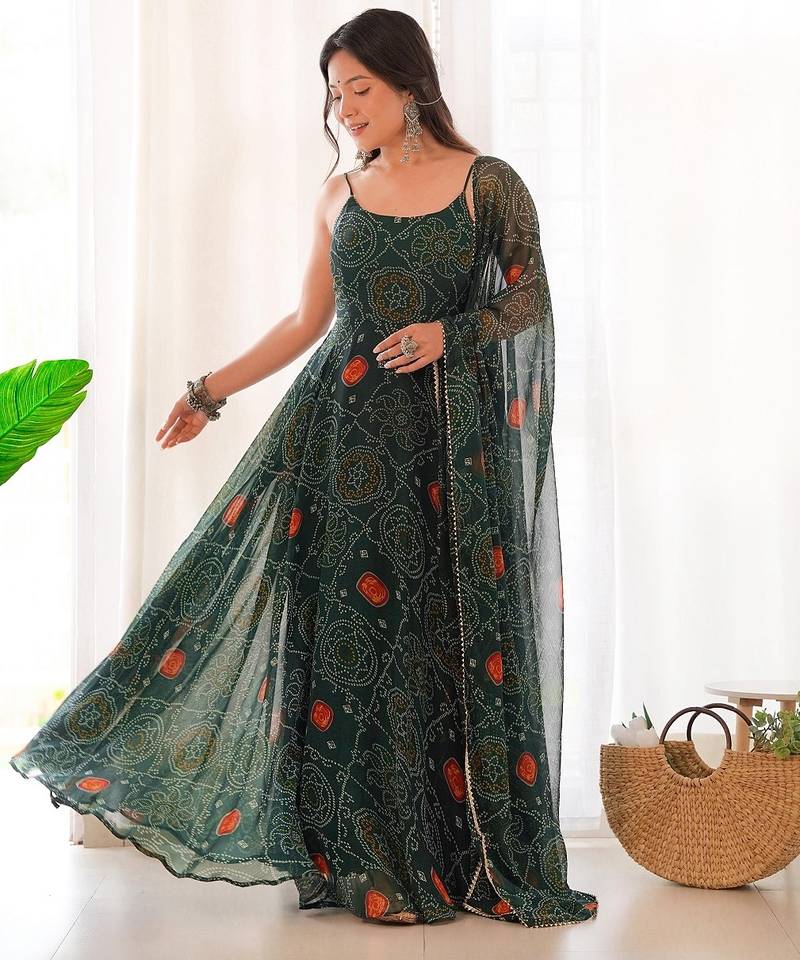Dark green color bandhej printed lightweight chiffon stitched anarkali set