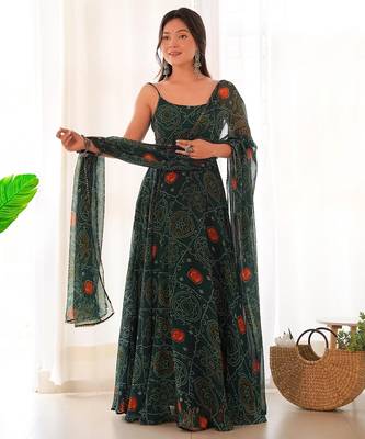 Dark green color bandhej printed lightweight chiffon stitched anarkali set 2