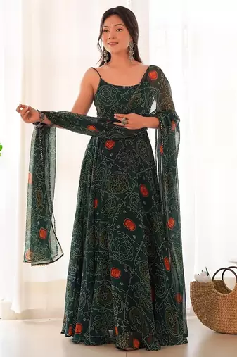 Dark green color bandhej printed lightweight chiffon stitched anarkali set