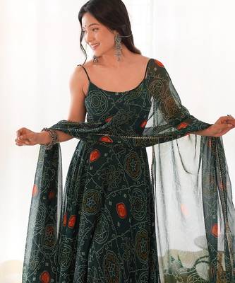 Dark green color bandhej printed lightweight chiffon stitched anarkali set 3