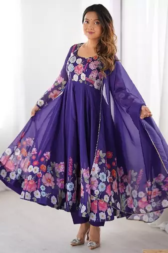 Purple color printed & handwork orgenza silk stitched anarkali set
