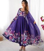 Purple color printed & handwork orgenza silk stitched anarkali set