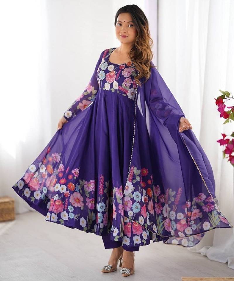 Purple color printed & handwork orgenza silk stitched anarkali set