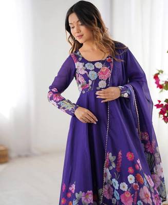 Purple printed & handwork orgenza silk blend stitched anarkali set 2