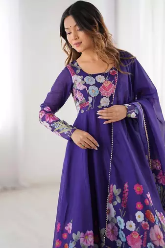 Purple color printed & handwork orgenza silk blend stitched anarkali set