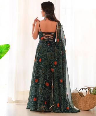 Dark green color bandhej printed lightweight chiffon stitched anarkali set 4
