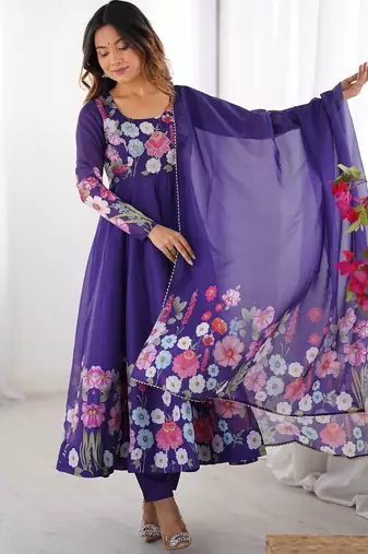 Purple color printed & handwork orgenza silk blend stitched anarkali set