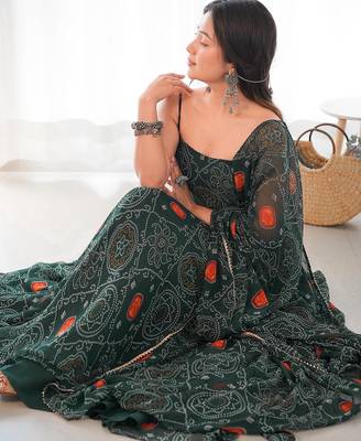 Dark green color bandhej printed lightweight chiffon stitched anarkali set 5