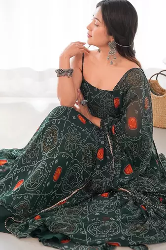 Dark green color bandhej printed lightweight chiffon stitched anarkali set