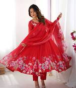 Red color printed & handwork orgenza silk stitched anarkali set