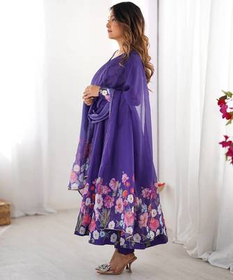 Purple printed & handwork orgenza silk blend stitched anarkali set 4
