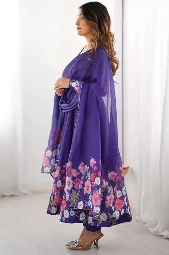 Purple color printed & handwork orgenza silk blend stitched anarkali set