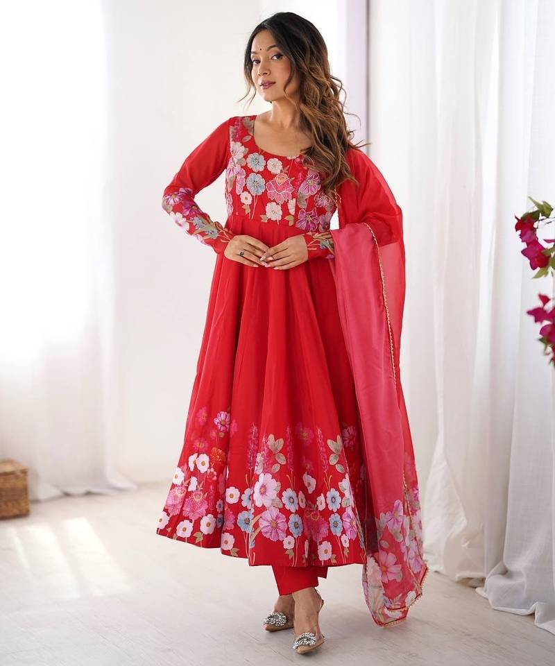 Red color printed & handwork orgenza silk stitched anarkali set