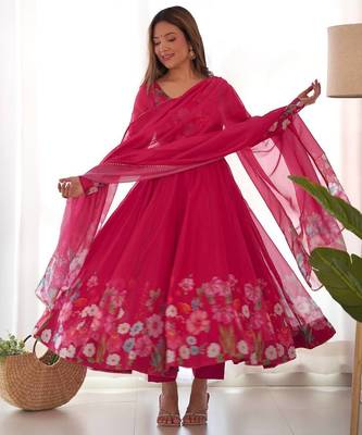Pink color printed & handwork orgenza silk blend stitched anarkali set 1