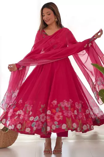 Pink color printed & handwork orgenza silk stitched anarkali set