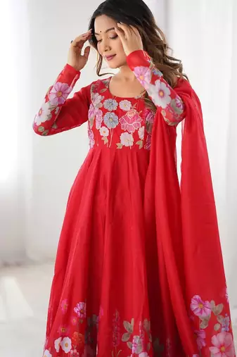 Red color printed & handwork orgenza silk blend stitched anarkali set