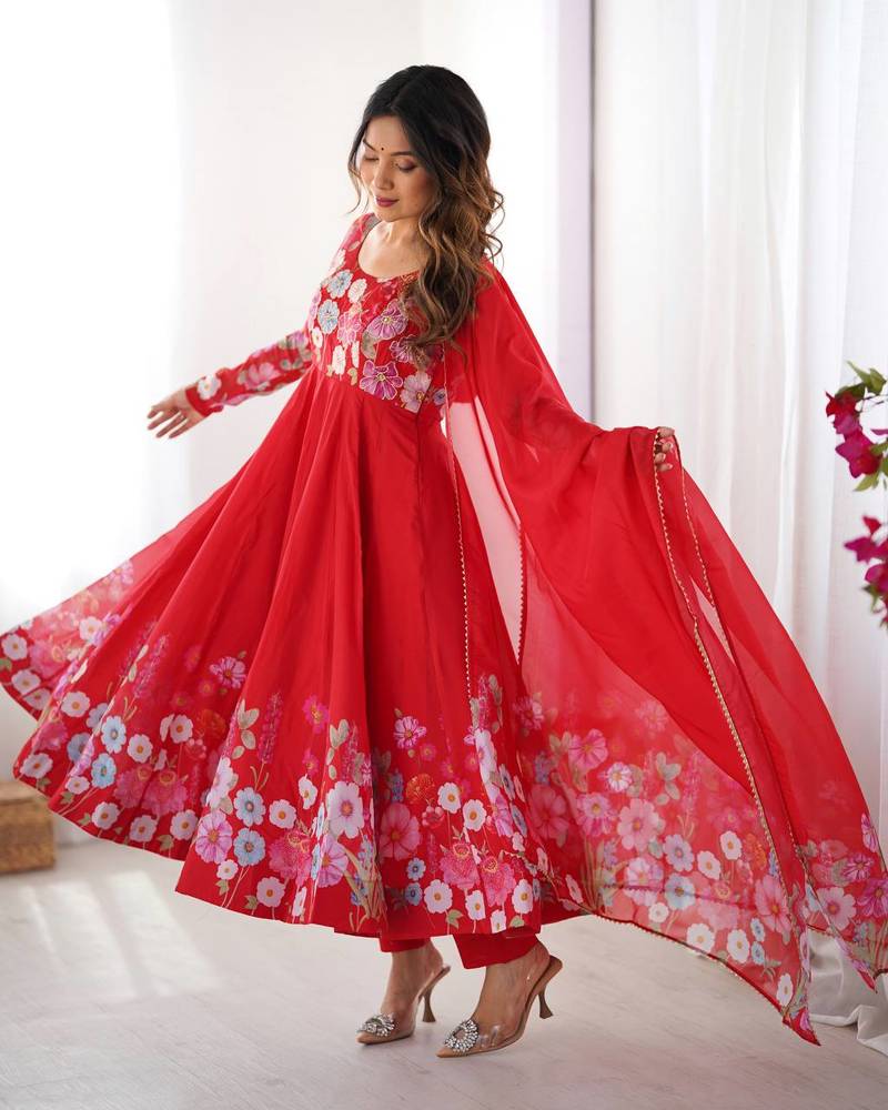 Red color printed & handwork orgenza silk stitched anarkali set
