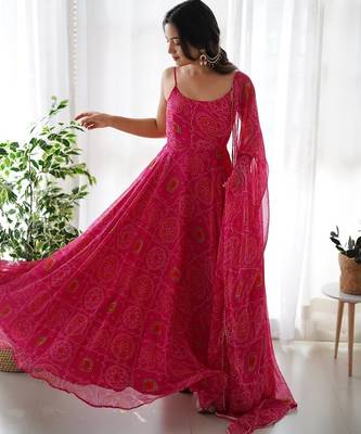 Pink color bandhej printed lightweight chiffon stitched anarkali set 1