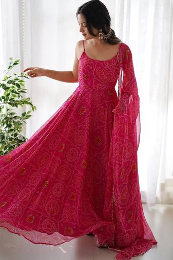 Pink color bandhej printed lightweight chiffon stitched anarkali set