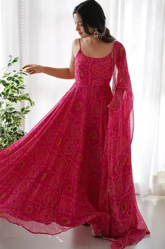 Pink color bandhej printed lightweight chiffon stitched anarkali set