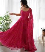 Pink color bandhej printed lightweight chiffon stitched anarkali set