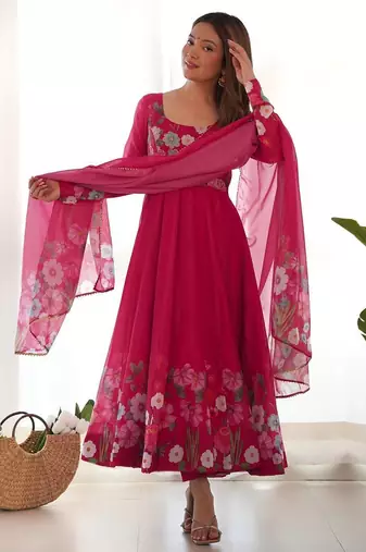Pink color printed & handwork orgenza silk blend stitched anarkali set
