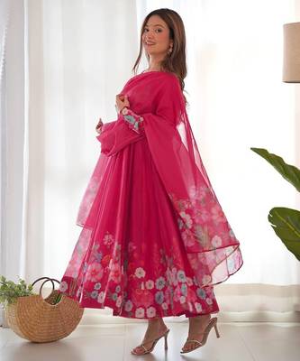 Pink color printed & handwork orgenza silk blend stitched anarkali set 3