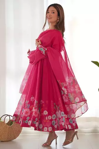 Pink color printed & handwork orgenza silk blend stitched anarkali set