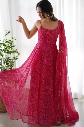 Pink color bandhej printed lightweight chiffon stitched anarkali set