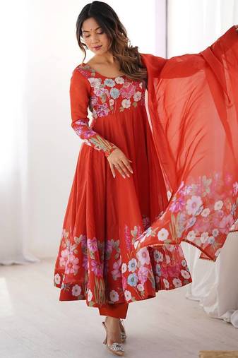 Orange color printed & handwork orgenza silk stitched anarkali set