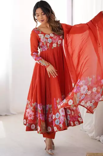 Orange color printed & handwork orgenza silk stitched anarkali set