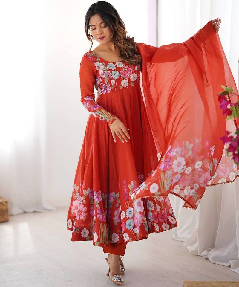 Orange color printed & handwork orgenza silk stitched anarkali set