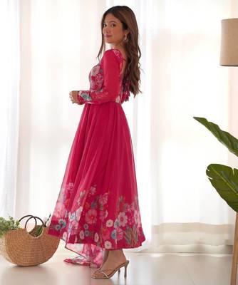 Pink color printed & handwork orgenza silk blend stitched anarkali set 4