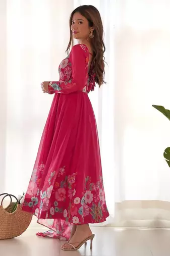 Pink color printed & handwork orgenza silk blend stitched anarkali set