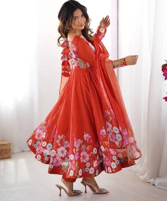 Orange color printed & handwork orgenza silk blend stitched anarkali set 3