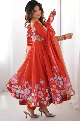 Orange color printed & handwork orgenza silk blend stitched anarkali set