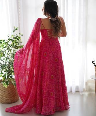 Pink color bandhej printed lightweight chiffon stitched anarkali set 4