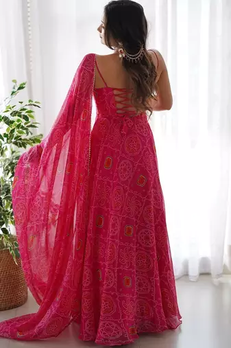 Pink color bandhej printed lightweight chiffon stitched anarkali set