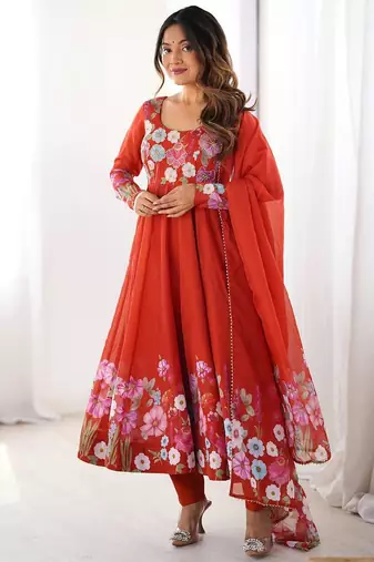 Orange color printed & handwork orgenza silk blend stitched anarkali set