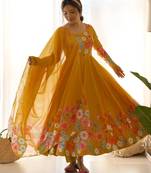 Musturd color printed & handwork orgenza silk stitched anarkali set