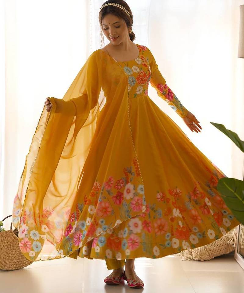 Musturd color printed & handwork orgenza silk stitched anarkali set