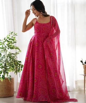 Pink color bandhej printed lightweight chiffon stitched anarkali set 5